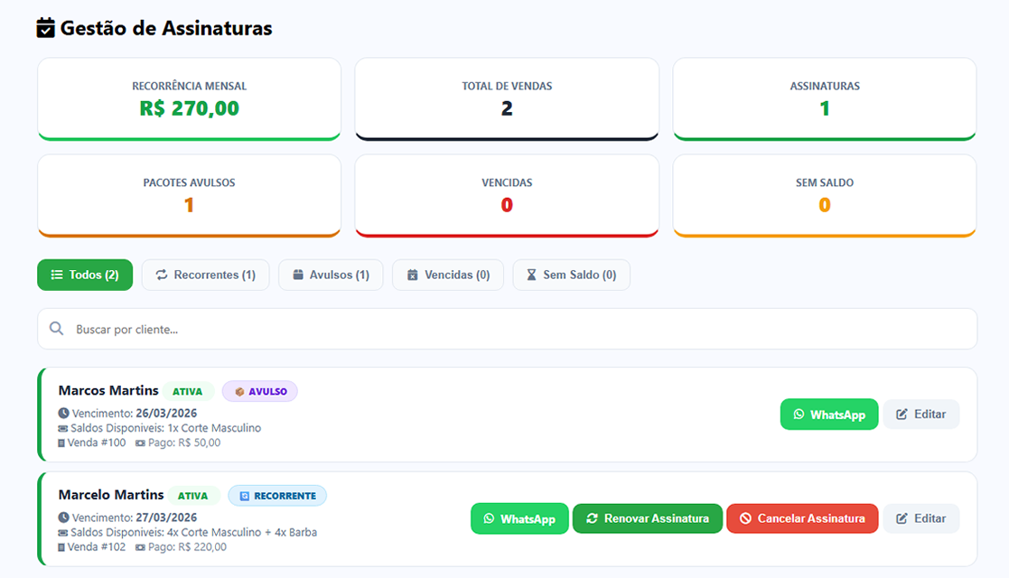 Gestão de Pacotes e Assinaturas